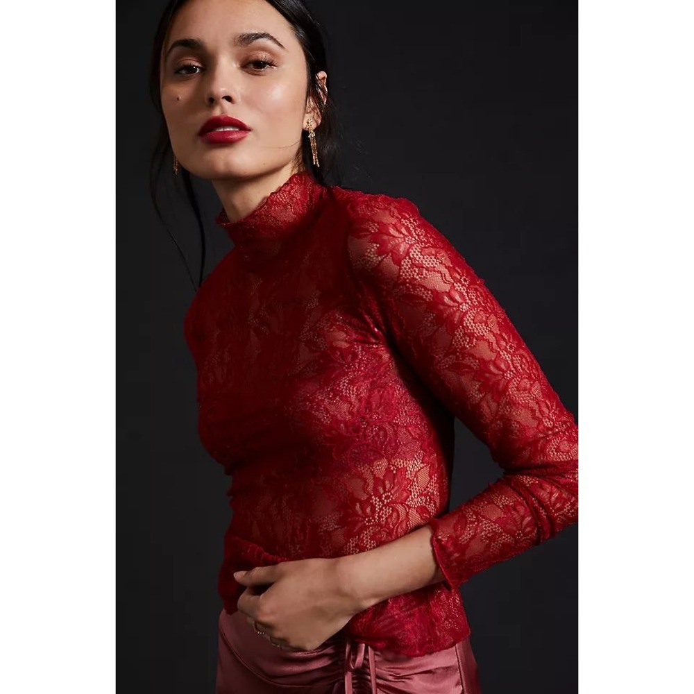 Anthropologie Red Floral Lace Mock Neck Top S Sheer Romantic Goth Victorian